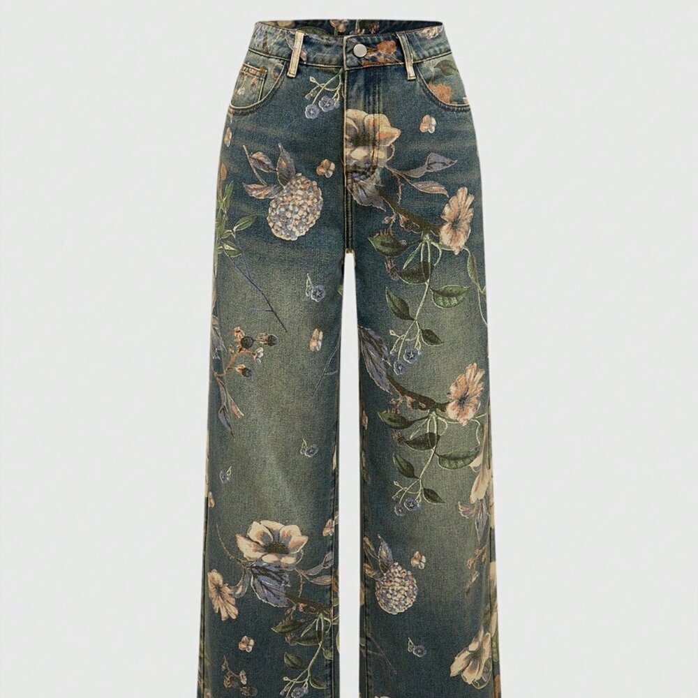 Blue Casual Women's Floral Printed Washed Loose Wide Leg Jeans - Picture 5 of 5